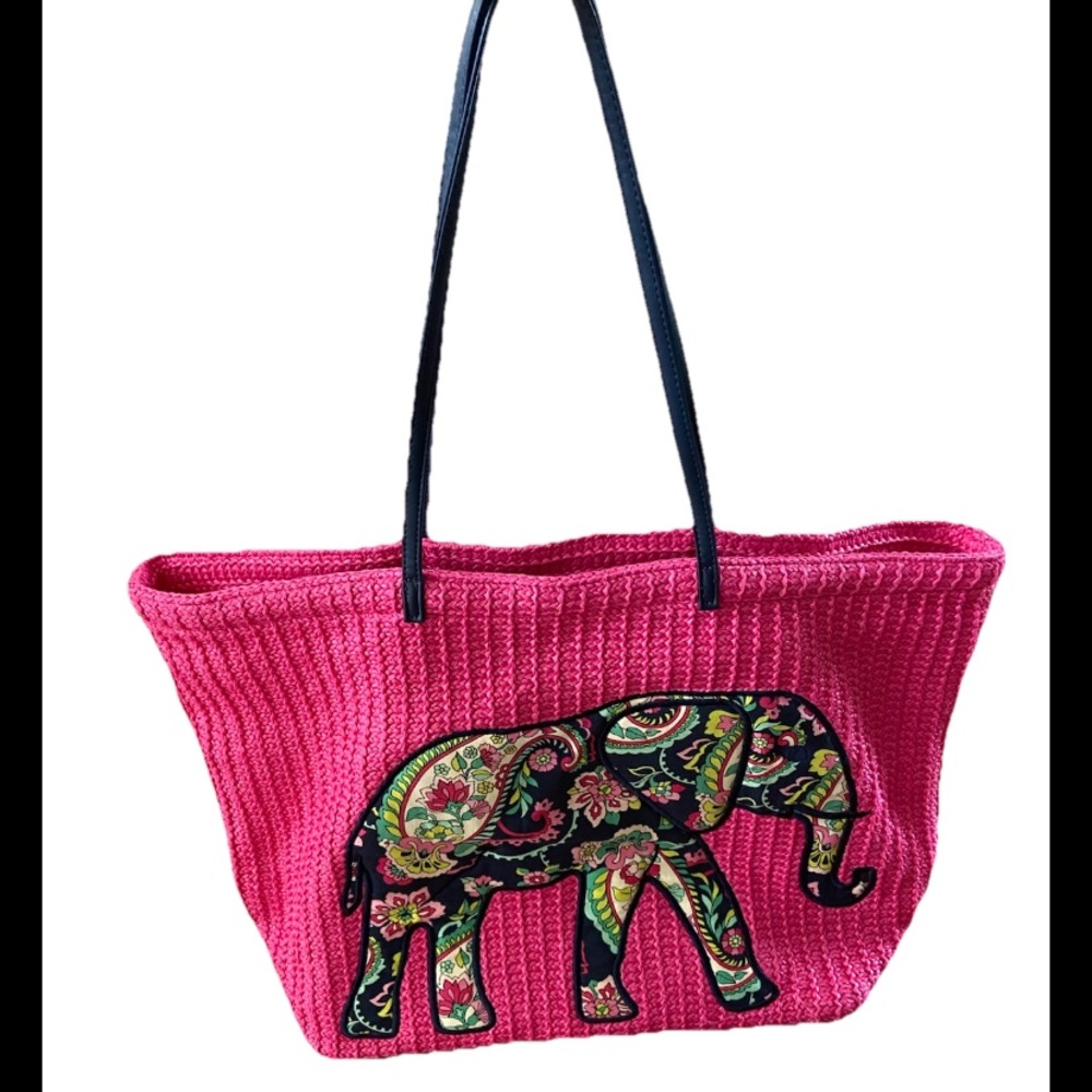 Vera Bradley Pink Elephant Embroidered straw Tote Bag